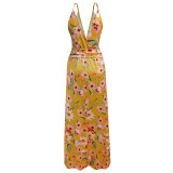 Women Floral Print V-neck Slip Beach Maxi Dress