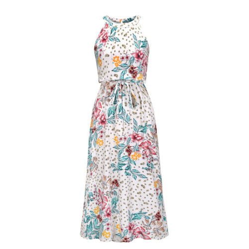 Women Floral Print Halter Tight High Waist Sleeveless Maxi Dress