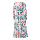 Women Floral Print Ruffles V-neck Long Sleeve Maxi Dress