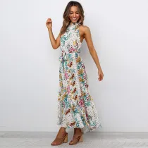 Women Floral Print Halter Tight High Waist Sleeveless Maxi Dress