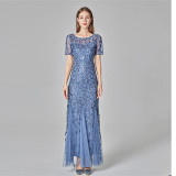 Women Embroidery Leaves Mesh Sequins Mermaid Maxi Party Dress