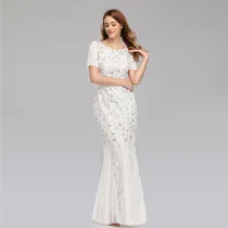Women Embroidery Leaves Mesh Sequins Mermaid Maxi Party Dress
