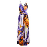 Women Tie-Dye V-neck Slip Sleeveless Beach Maxi Dress