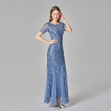 Women Embroidery Leaves Mesh Sequins Mermaid Maxi Party Dress