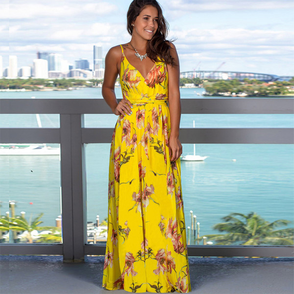Women Yellow Floral Print V-neck Slip Beach Maxi Dress