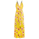 Women Yellow Floral Print V-neck Slip Beach Maxi Dress