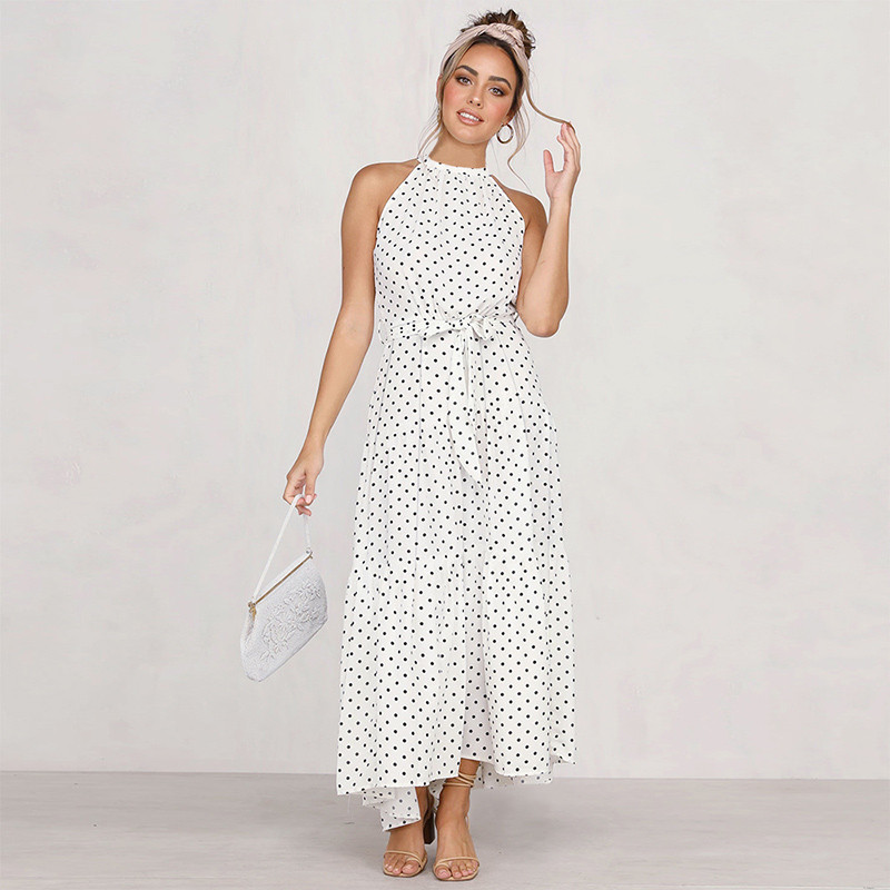 Elegant Polka Dot Halter Sleeveless Maxi Dress