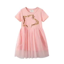Toddler Girls Sequines Star Short Sleeves Pink Tutu Dresses
