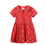 Toddler Girls Prints Red Floral Doll Collar Short Sleeves Dresses