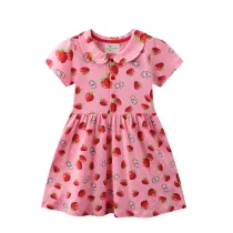 Toddler Girls Prints Strawberries Doll Collar Skirt Short Sleeves Dresses