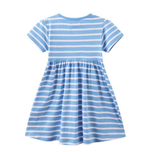 Toddler Girls Embroidery Birds Flowers Blue and White Stripes Short Sleeves Casual Dresses
