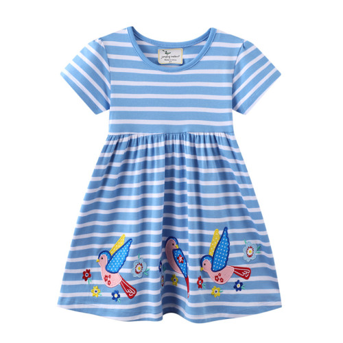 Toddler Girls Embroidery Birds Flowers Blue and White Stripes Short Sleeves Casual Dresses