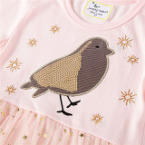 Toddler Girls Embroidery Golded Sequins Birds Stars Short Sleeve Tutu Dresses