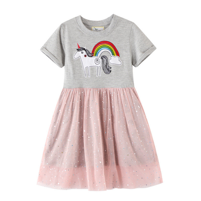 Toddler Girls Embroidery Unicorn Rainbow Short Sleeves Sequins Tutu Dresses