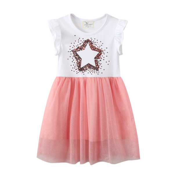 Toddler Girls Glitter Stars Ruffles Short Sleeves Pink Tutu Dresses