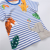 Toddle Kids Boys Print Animals Tiger Giraffe Elephant Blue Stripes Cotton T-shirt