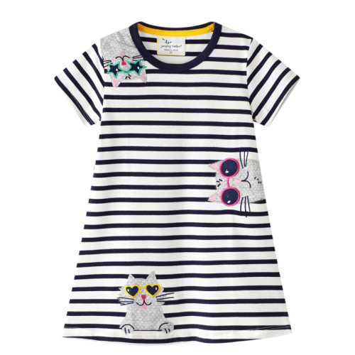 Toddler Girls Black and White Stripes Cats Short Sleeve Dresses