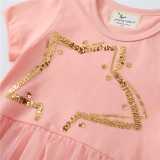 Toddler Girls Sequines Star Short Sleeves Pink Tutu Dresses