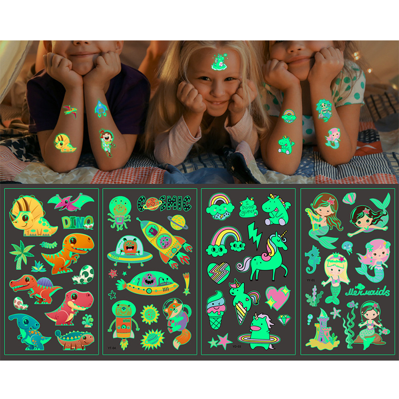 5 Sheets Luminous Stickers Unicorn Mermaid Dinosaurs Party Supplies Art Temporary Tattoos for Kids