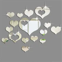 16PCS Geometry Hollow Out Heart-Shaped Door Room Acrylic Decorative Mirror Wall Stickers