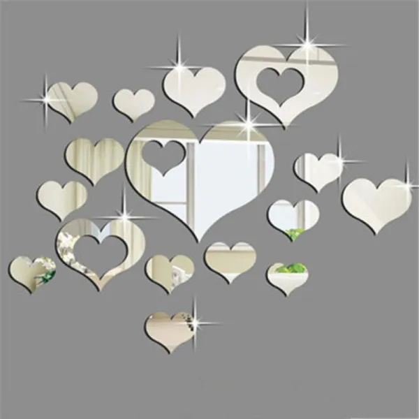 16PCS Geometry Hollow Out Heart-Shaped Door Room Acrylic Decorative Mirror Wall Stickers