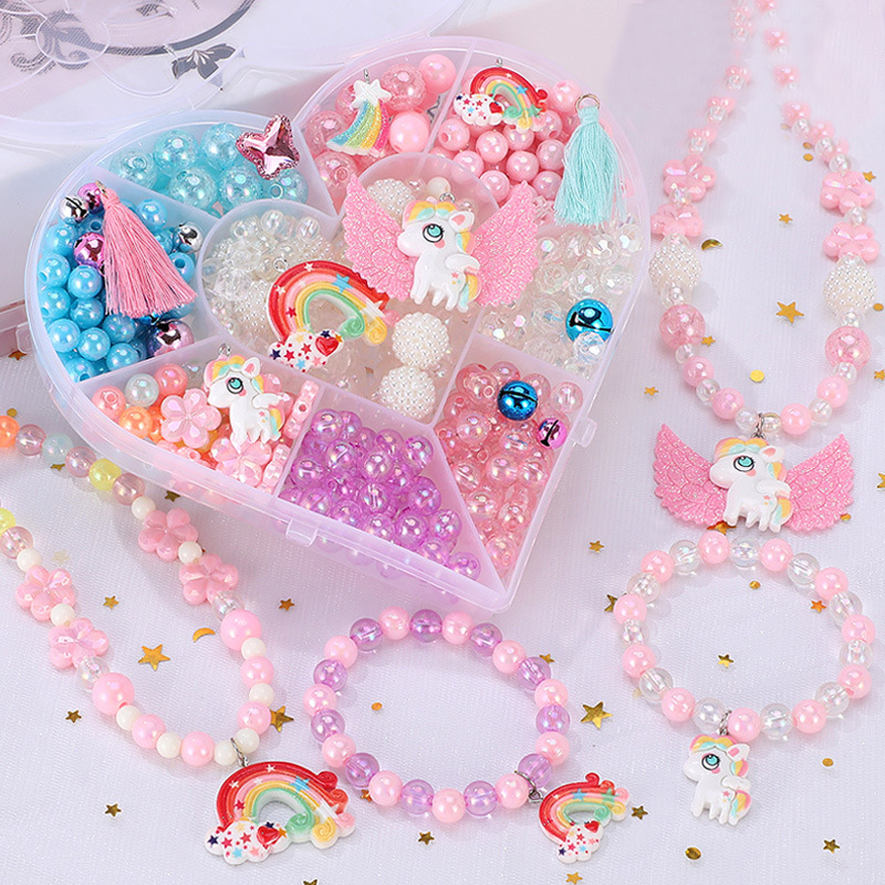 500PCS DIY Necklace Bracelet Colorful Rainbow Horse Beads Heart-shaped Jewelry Box Set Making Kit for Kids Gifts