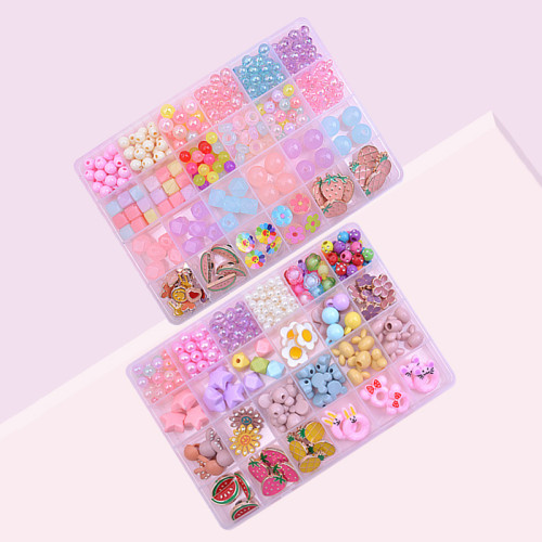 300PCS DIY Bracelet Colorful Flower Fruit Beads 24 Compartments PVC Box Set Jewelry Making Kit for Kids Gifts