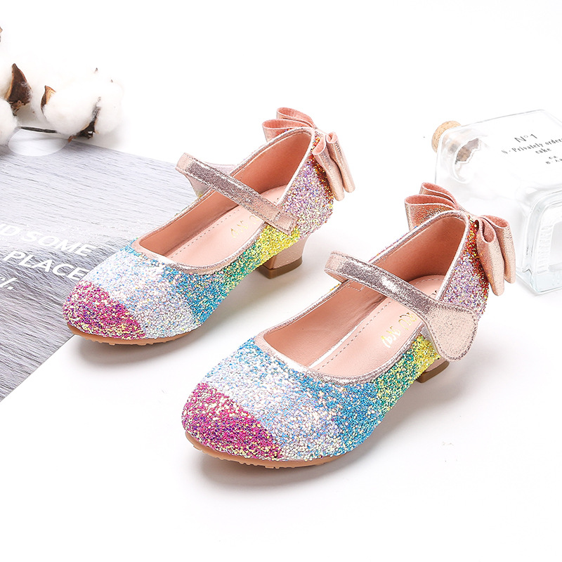 Kid Girls Sequins Rainbow High-heeled Pump Princess Dress Shoes