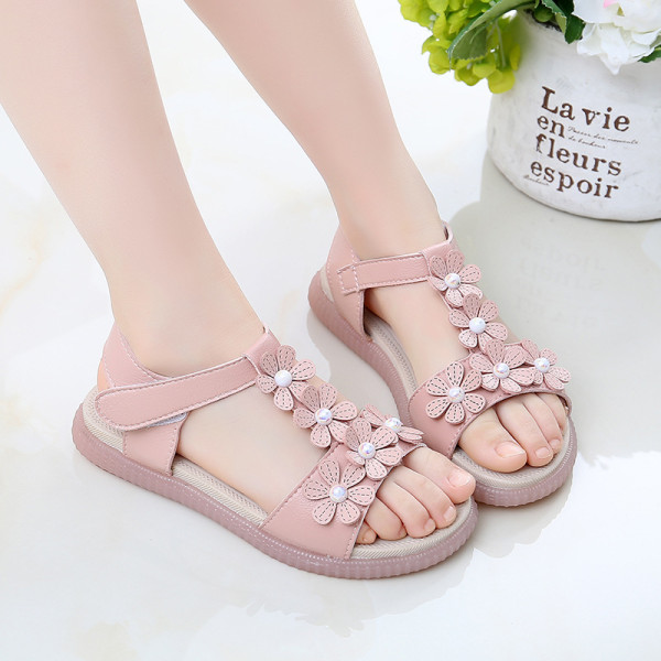 Kid Girl 3D Pearls Flowers Open-Toed Sandals Shoes