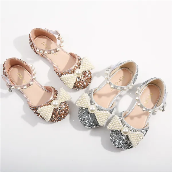 Kid Girls White Pearls Bowknot Sequins Flat Dress Shoes