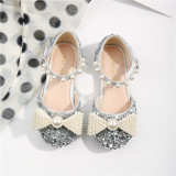 Kid Girls White Pearls Bowknot Sequins Flat Dress Shoes