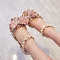 Kid Girls 3D Jewelry Pearls Bowknot Sequins Sandals Dress Shoes