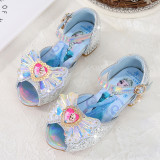 Kid Girls Sequins Bowknot Frozen Princess Open-Toed Jewelry High Pumps Sandals Dress Shoes