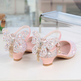 Kid Girl 3D Butterfly Gold Tassels High Heels Pumps Girls Dress Shoes