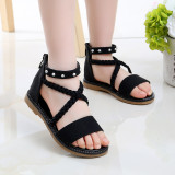 Kid Girl Silver Rivet Cross Over Open-Toed Suede Sandals Shoes
