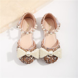 Kid Girls White Pearls Bowknot Sequins Flat Dress Shoes