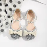 Kid Girls White Pearls Bowknot Sequins Flat Dress Shoes