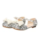 Kid Girls White Pearls Bowknot Sequins Flat Dress Shoes
