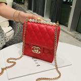 Women Crossbody Lattice Solid Color Pearl Pendant Square Handbags