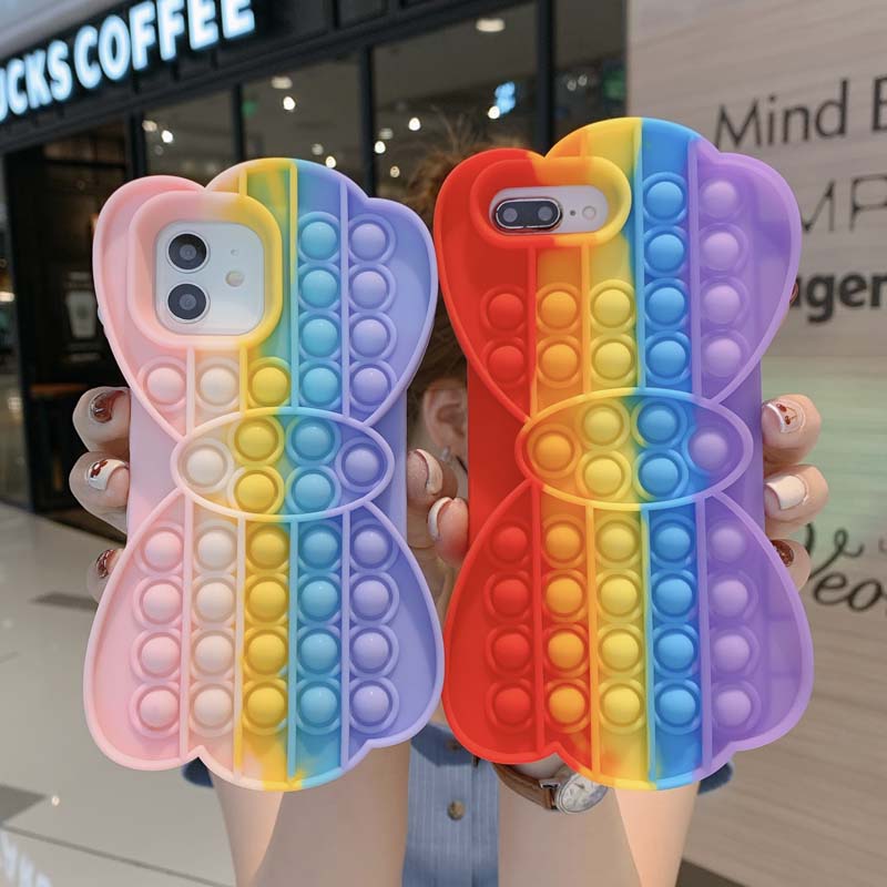Pop It Fidget Toys Rainbow Bowknot Soft Silicone iPhone Case For iPhone 12 11 Pro Max 12