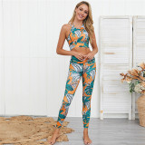 Women Leaf Flower Design Yoga Fitness Exercise Clothes Outfit Set