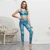 Women Sleeveless Design Leaf Flower Yoga Fitness Exercise Clothes Outfit Set