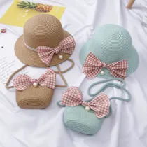 Kids Plaids Pearl Bowknot Straw Beach Sunhat With Bag Sets