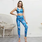 Women Sleeveless Design Leaf Flower Yoga Fitness Exercise Clothes Outfit Set