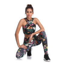 Women Cross V-neck Design Leaf Flower Yoga Fitness Exercise Clothes Outfit Set
