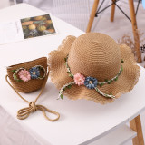 Kids Flower Straw Beach Sunhat With Bag Set