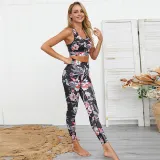 Women Leaf Flower Design Yoga Fitness Exercise Clothes Outfit Set