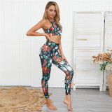 Women Leaf Flower Design Yoga Fitness Exercise Clothes Outfit Set