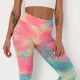 Women Tie-Dyed Bubble Yoga Leggings Slim Buttock Exercise Workout Fitness Pants