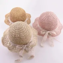 Kids Bow Crochet Straw Summer Beach Sunhat
